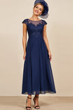 Navy A Line Midi Mother Of The Bride Dress With Appliques