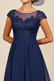 Navy A Line Midi Mother Of The Bride Dress With Appliques