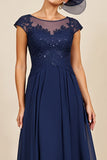 Navy A Line Midi Mother Of The Bride Dress With Appliques