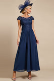 Navy Ruched A Line Long Mother Of The Bride Dress With Appliques