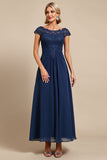 Navy Ruched A Line Long Mother Of The Bride Dress With Appliques