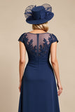 Navy Ruched A Line Long Mother Of The Bride Dress With Appliques
