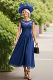 Ruched Navy A Line Midi Mother Of The Bride Dress With Appliques