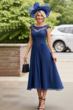 Ruched Navy A Line Midi Mother Of The Bride Dress With Appliques