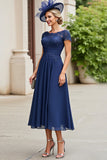 Ruched Navy Midi A Line Mother Of The Bride Dress With Appliques