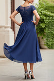 Ruched Navy Midi A Line Mother Of The Bride Dress With Appliques