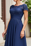 Ruched Navy Midi A Line Mother Of The Bride Dress With Appliques