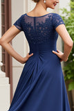 Ruched Navy Midi A Line Mother Of The Bride Dress With Appliques