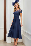 Navy Midi A Line Mother Of The Bride Dress With Appliques