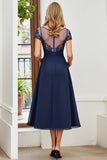 Navy Midi A Line Mother Of The Bride Dress With Appliques