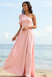 Blush One Shoulder A Line Bridesmaid Dress