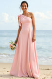 Blush One Shoulder A Line Bridesmaid Dress