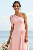 Blush One Shoulder A Line Long Bridesmaid Dress