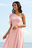 Blush One Shoulder A Line Long Bridesmaid Dress