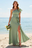 Dusty Sage One Shoulder A Line Long Bridesmaid Dress With Slit