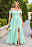 Mint Green A Line Off The Shoulder Bridesmaid Dress with Slit