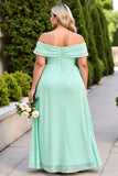 Mint Green A Line Off The Shoulder Bridesmaid Dress with Slit