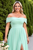 Mint Off The Shoulder Plus Size Chiffon Green Bridesmaid Dress