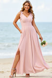 Candy Pink A Line Long Bridesmaid Dress With Slit