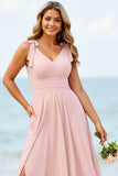 Chiffon Candy Pink A Line Bridesmaid Dress with Slit