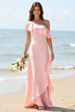 Candy Pink One Shoulder Asymmetrical A Line Bridesmaid Dress