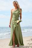 Dusty Sage Ruched One Shoulder A Line Long Bridesmaid Dress With Slit