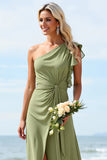 Dusty Sage Ruched One Shoulder A Line Long Bridesmaid Dress With Slit