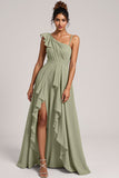 Dusty Sage Ruched A Line Long Bridesmaid Dress With Slit