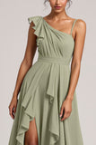 Dusty Sage Ruched A Line Long Bridesmaid Dress With Slit