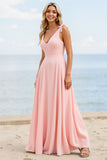 Candy Pink A Line V Neck Bridesmaid Dress