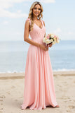 Candy Pink Spaghetti Straps A Line Long Bridesmaid Dress