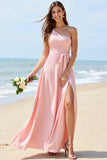 Candy Pink One Shoulder A Line Long Bridesmaid Dress With Slit