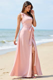 Candy Pink One Shoulder A Line Long Bridesmaid Dress With Slit