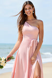 Candy Pink One Shoulder A Line Long Bridesmaid Dress With Slit