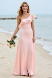 One Shoulder Candy Pink A Line Long Bridesmaid Dress