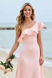 Candy Pink One Shoulder A Line Bridesmaid Dress with Ruffles