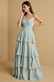 Sage Green Tiered A Line Long Bridesmaid Dress