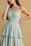 Sage Green Tiered A Line Long Bridesmaid Dress