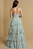 Sage Green Tiered A Line Long Bridesmaid Dress