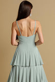 Sage Green Tiered A Line Long Bridesmaid Dress
