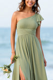 One Shoulder Dusty Sage A Line Long Bridesmaid Dress With Slit