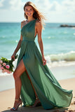 Green One Shoulder Chiffon Bridesmaid Dress with Slit