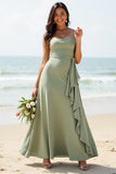Halter Dusty Sage A Line Long Bridesmaid Dress With Streamer