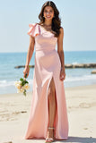 BlushOne Shoulder A Line Long Bridesmaid Dress with Ruffles