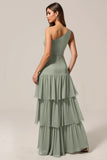 Sage Green One Shoulder Tiered A Line Long Bridesmaid Dress
