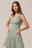 One Shoulder Tiered A Line Sage Green Long Bridesmaid Dress