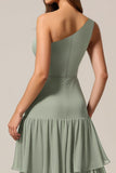 One Shoulder Tiered A Line Sage Green Long Bridesmaid Dress