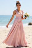 Candy Pink A Line Spaghetti Straps Long Bridesmaid Dress