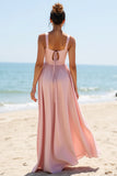 Candy Pink A Line Spaghetti Straps Long Bridesmaid Dress