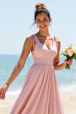 Candy Pink A Line Spaghetti Straps Long Bridesmaid Dress